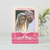 FAUX Burlap, Lace PHOTO Wedding Invite, Chevron 3 Kaart (Staand voorkant)