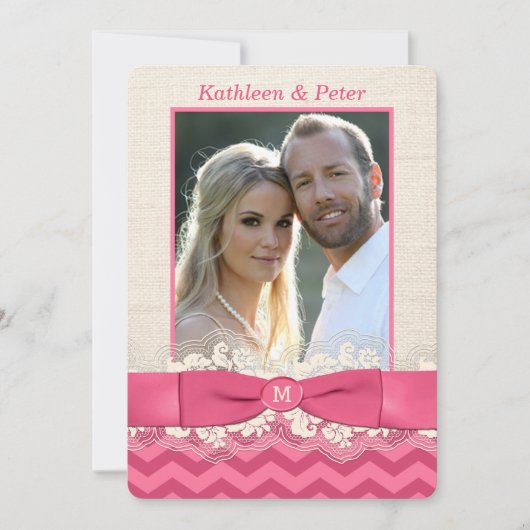FAUX Burlap, Lace PHOTO Wedding Invite, Chevron 3 Kaart (Voorkant)