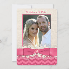 FAUX Burlap, Lace PHOTO Wedding Invite, Chevron 3 Kaart