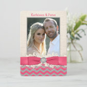 FAUX Burlap, Lace PHOTO Wedding Invite, Chevron 4 Kaart (Staand voorkant)