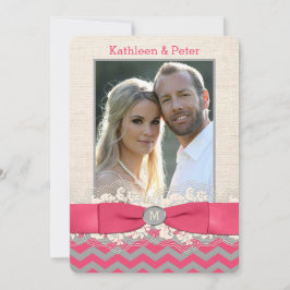 FAUX Burlap, Lace PHOTO Wedding Invite, Chevron 4 Kaart