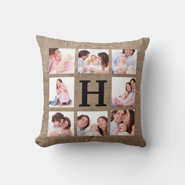 Faux Burlap-monogram met acht familiefoto's Kussen (Voorkant)