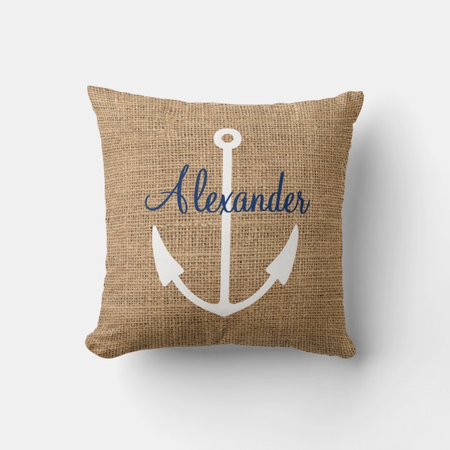 Faux Burlap Nautical Anchor met eigen naam Kussen (Voorkant)