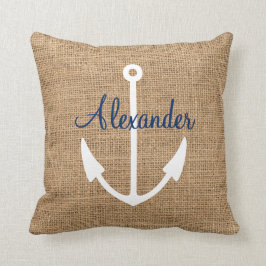 Faux Burlap Nautical Anchor met eigen naam Kussen