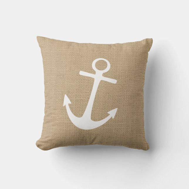 Faux Burlap Nautical Sierkussen met Anchor (Voorkant)