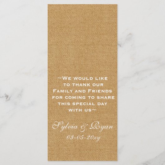 FAUX-burlap, rustige trouwmenukaarten Menu (Achterkant)