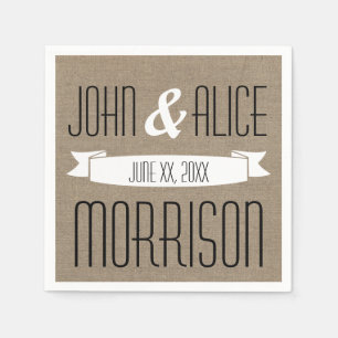 Faux Burlap White Ribbon Monogram Paper Napkins Servetten