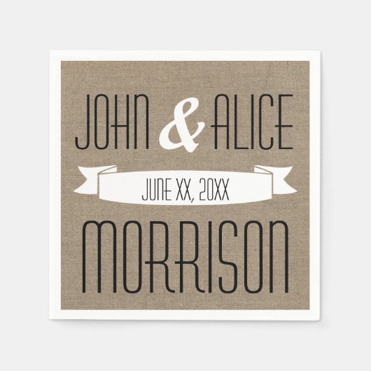 Faux Burlap White Ribbon Monogram Paper Napkins Servetten (Voorkant)