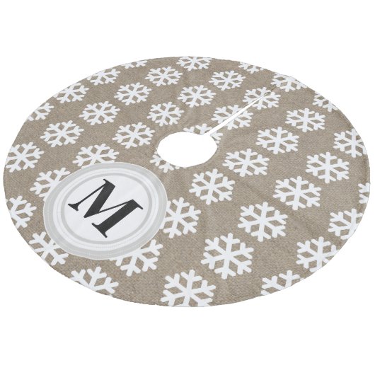 Faux Burlap White Snowflakes Monogram Tree Skirt Fleece Kerstboom Rok (Gekanteld)