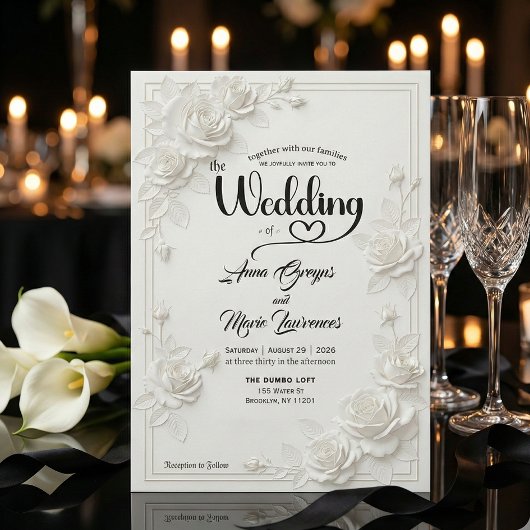 Faux Carved White Rose Bas Relief Floral Wedding  Kaart