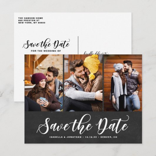 Faux Chalkboard Drie Fotocollage slaat de datum op Aankondigingskaart (Voorkant / Achterkant)