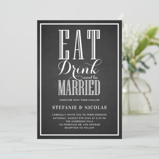 Faux Chalkboard Eten, Drinken en trouwen Bruiloft Kaart (Staand voorkant)