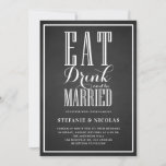 Faux Chalkboard Eten, Drinken en trouwen Bruiloft Kaart<br><div class="desc">Nodig gasten uit voor uw evenement met deze aanpasbare huwelijksuitnodiging. Het beschikt over moderne kalligrafie en klassieke typografie op een faux krijtbord achtergrond,  perfect voor elk trouwthema. Personaliseer door uw evenementgegevens toe te voegen. Deze bordbruiloft uitnodiging is verkrijgbaar in ander karton en andere kleuren.</div>