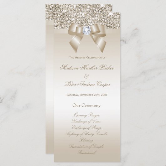 Faux Champagne Sequins Diamond Bow Trouwprogramma Programmakaart (Voorkant / Achterkant)
