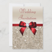 Faux Champagne Sequins Red Bow Wedding Kaart (Voorkant)
