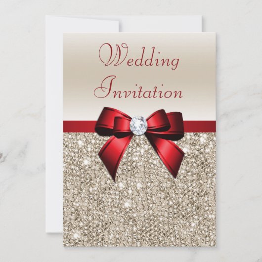 Faux Champagne Sequins Red Bow Wedding Kaart (Voorkant)