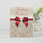 Faux Champagne Sequins Red Bow Wedding Kaart (Staand voorkant)