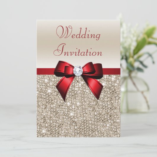 Faux Champagne Sequins Red Bow Wedding Kaart (Staand voorkant)