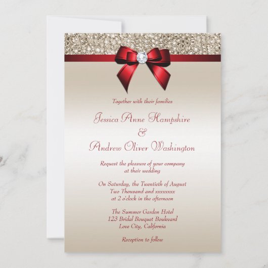 Faux Champagne Sequins Red Bow Wedding Kaart (Achterkant)