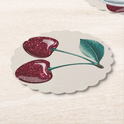 Faux Cherry Red Cherries Beige Onderzetters (Gekanteld)