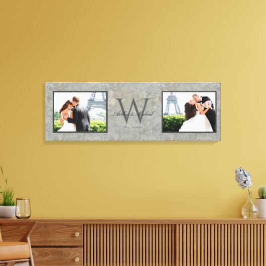 Faux Concrete 2 Foto Monogrammed Bruiloft Keepsake Canvas Afdruk (Insitu (Woonkamer))