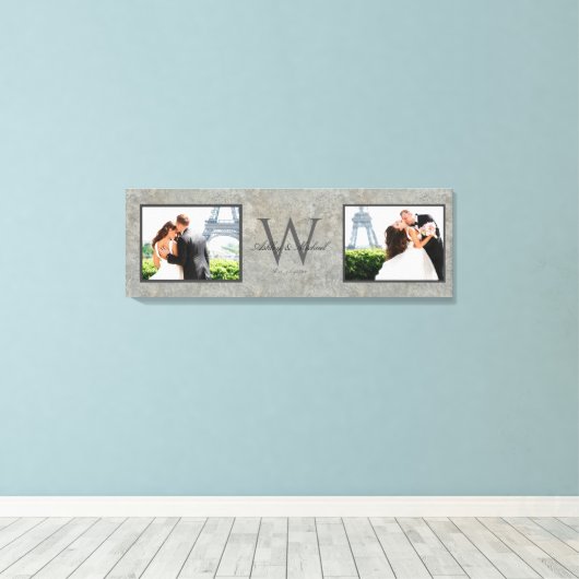 Faux Concrete 2 Foto Monogrammed Bruiloft Keepsake Canvas Afdruk (Insitu (Houten vloer))