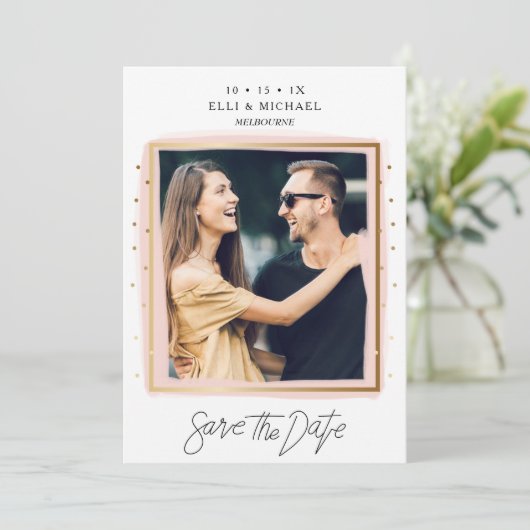 Faux Confetti Pink White Photo Save the Date Card (Staand voorkant)