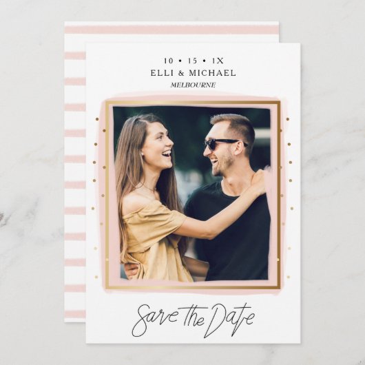 Faux Confetti Pink White Photo Save the Date Card (Voorkant / Achterkant)