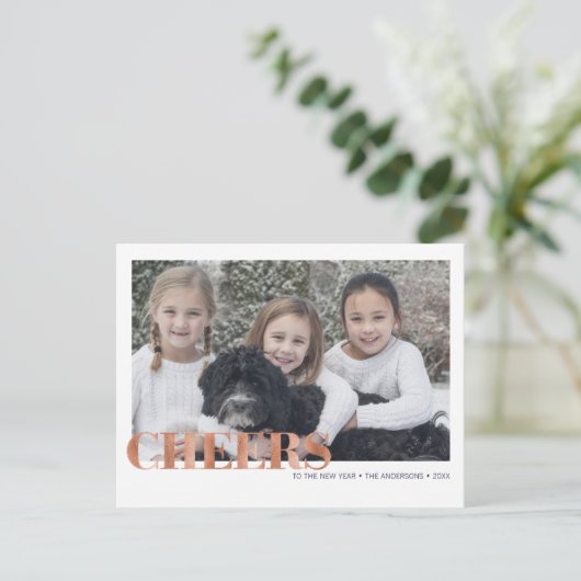 Faux Copper Folie Cheers Nieuwjaar Foto Briefkaart (Staand voorkant)