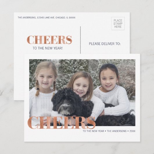 Faux Copper Folie Cheers Nieuwjaar Foto Briefkaart (Voorkant / Achterkant)