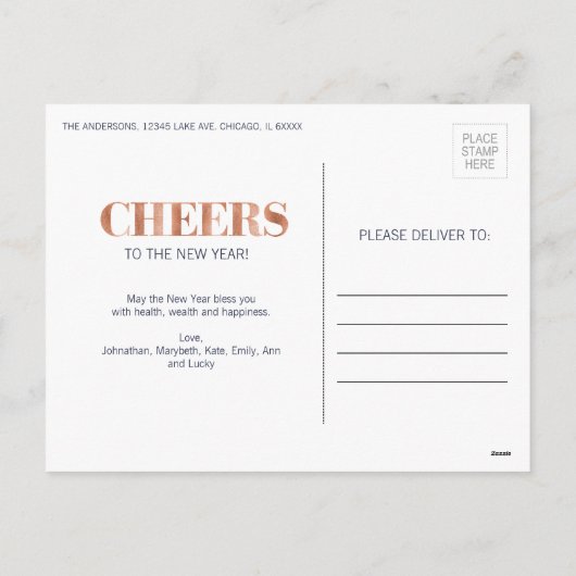 Faux Copper Folie Cheers Nieuwjaar Foto Briefkaart (Achterkant)