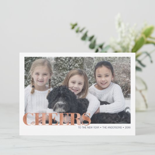 Faux Copper Folie Cheers Nieuwjaarsfotokaart Feestdagenkaart (Staand voorkant)