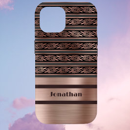 Faux Copper Roos Gold met Olive Raisin Damask iPhone 15 Case