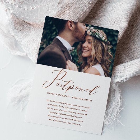 Faux Copper Wedding Postponement New Date Foto Aankondiging