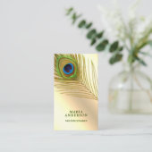 Faux Cream Gold Foil Green Indian Peacock Feather Visitekaartje (Staand voorkant)