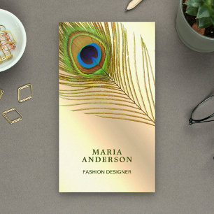 Faux Cream Gold Foil Green Indian Peacock Feather Visitekaartje