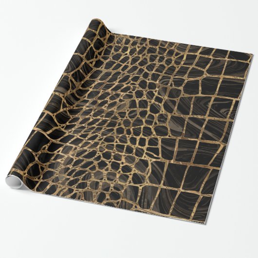Faux Crocodile Black Liquid Marble and gold Cadeaupapier (Uitgerold)
