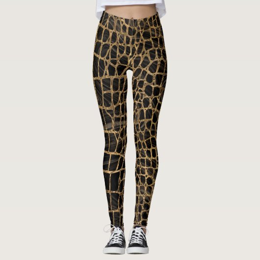 Faux Crocodile Black Liquid Marble and gold Leggings (Voorkant)