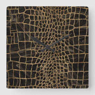 Faux Crocodile Black Liquid Marble and Gold Vierkante Klok