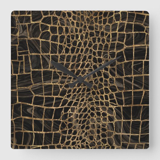 Faux Crocodile Black Liquid Marble and Gold Vierkante Klok (Voorkant)