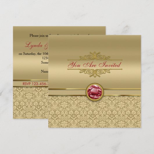 Faux Dark Ruby Red Gemstone Metallic Gold Damask Kaart (Voorkant / Achterkant)