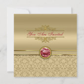 Faux Dark Ruby Red Gemstone Metallic Gold Damask Kaart (Voorkant)