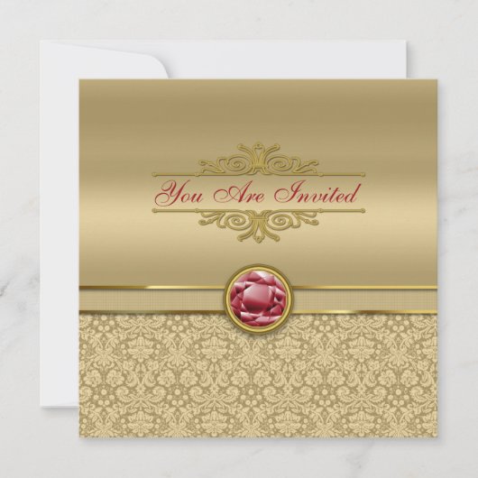 Faux Dark Ruby Red Gemstone Metallic Gold Damask Kaart (Voorkant)