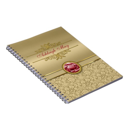 Faux Dark Ruby Red Gemstone Metallic Gold Damask Notitieboek (Rechterzijde)