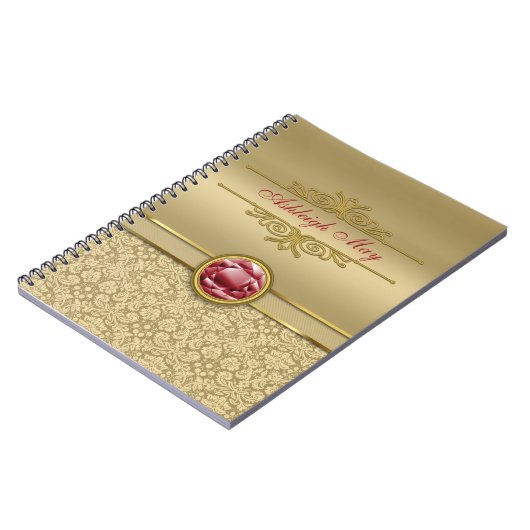 Faux Dark Ruby Red Gemstone Metallic Gold Damask Notitieboek (Linkerzijde)
