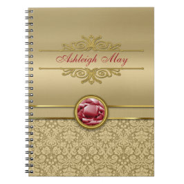 Faux Dark Ruby Red Gemstone Metallic Gold Damask Notitieboek