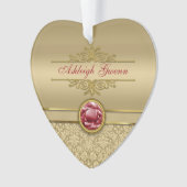 Faux Dark Ruby Red Gemstone Metallic Gold Damask Ornament (voorkant)