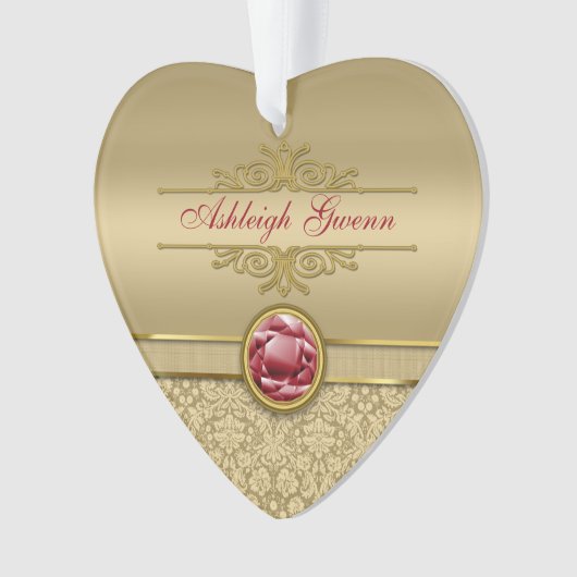 Faux Dark Ruby Red Gemstone Metallic Gold Damask Ornament (voorkant)