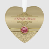 Faux Dark Ruby Red Gemstone Metallic Gold Damask Ornament (voorkant)