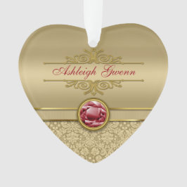 Faux Dark Ruby Red Gemstone Metallic Gold Damask Ornament